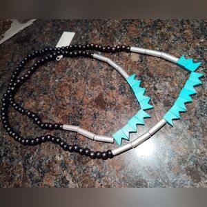 Wooden Painted Beaded Necklace, Black, Silver, Turquoise Beads, 40 Inch